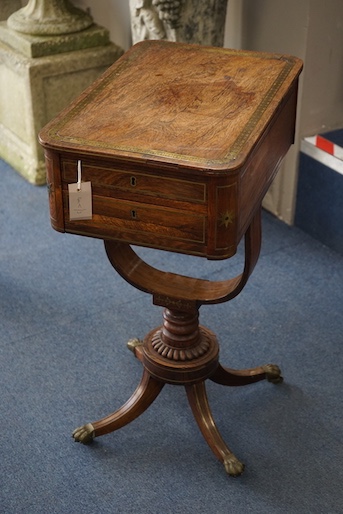 A Regency brass inlaid rosewood work table, width 34cm, depth 51cm, height 72cm